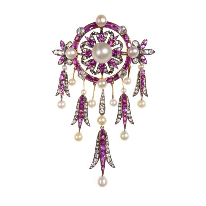 Ruby, pearl and diamond cluster brooch with pendants